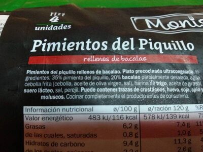 Pimiento del piquillo relleno de bacalao ingredients label