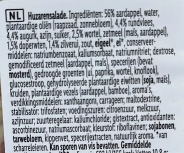 Huzarensalade ingredients label