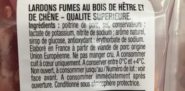 Lardons fumés ingredients label