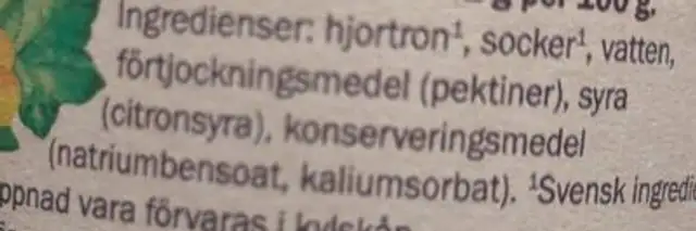 Hjortronsylt ingredients label