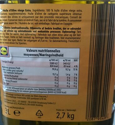 Aceite de Oliva Virgen Extra nutrition facts table
