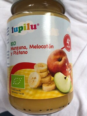 Manzana, melocotón y plátano front packaging