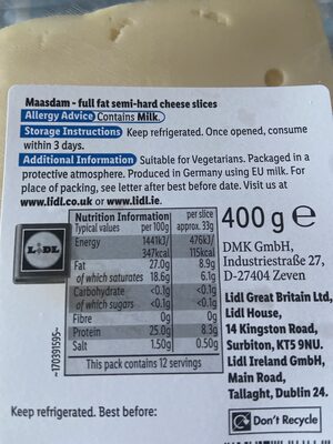 Maasdam Slices ingredients label