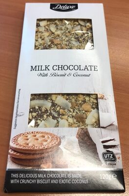 Chocolat au lait avec Biscuit et Noix de coco front packaging