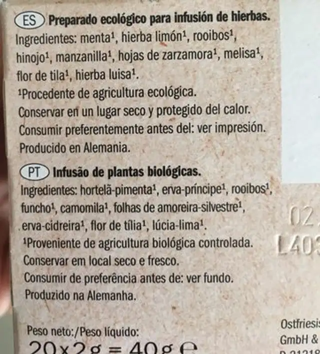 Bio organic 9 herbes ingredients label