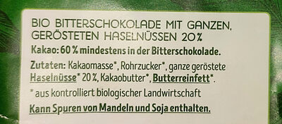 Schweizer Bio-Bitterschokolade - Ganze Nuss ingredients label