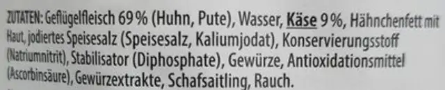 Geflügel-Käse Wiener ingredients label