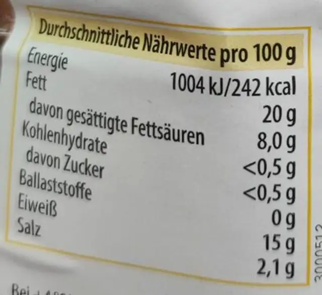 Geflügel-Käse Wiener nutrition facts table