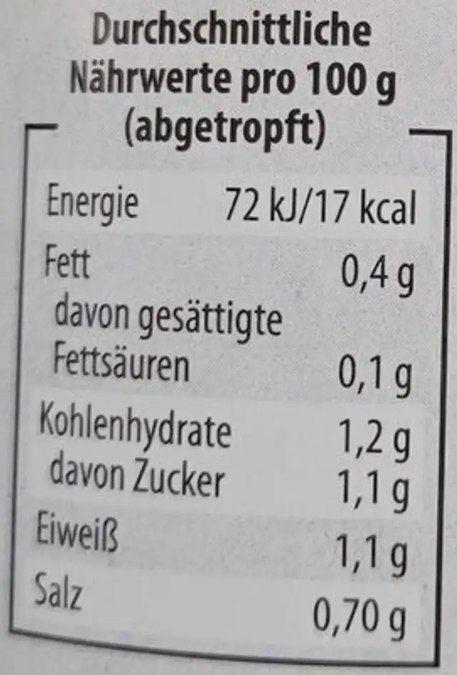 Bohnen fein nutrition facts table