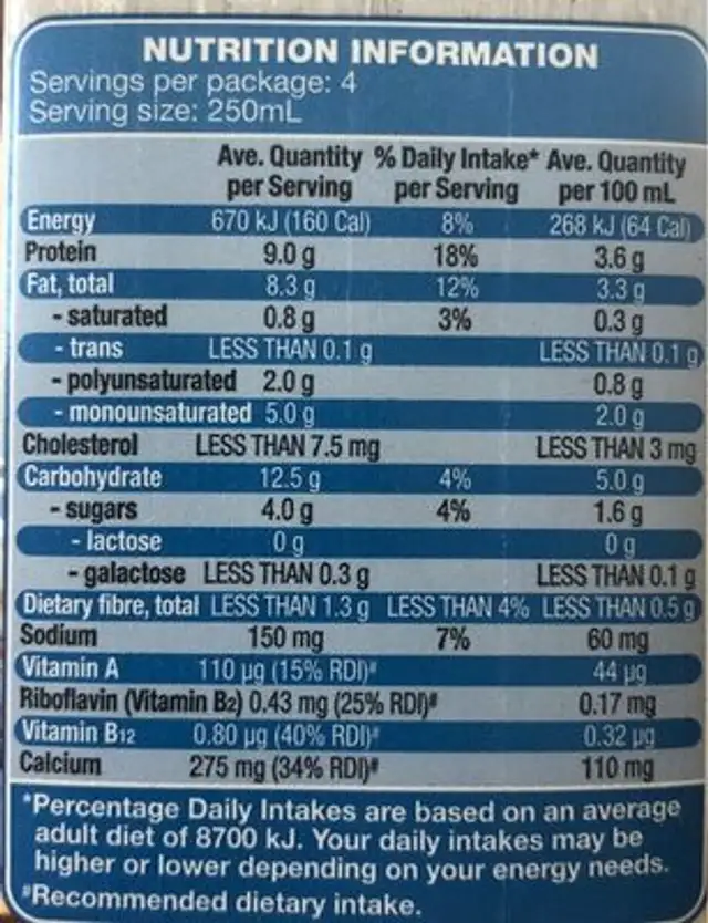 Regular soy milk nutrition facts table