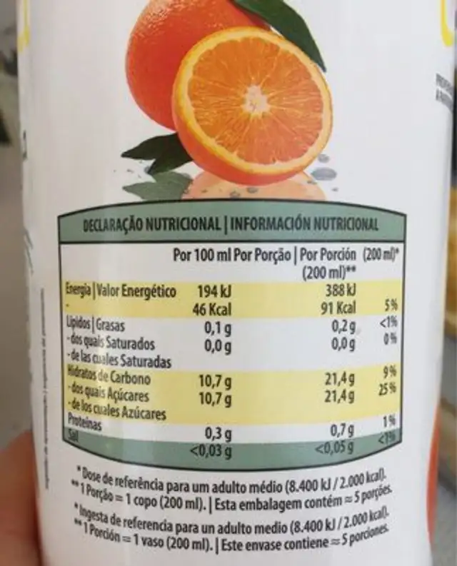 Laranja nutrition facts table