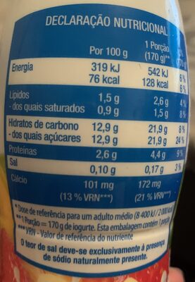Iogurte para beber Morango e Banana nutrition facts table