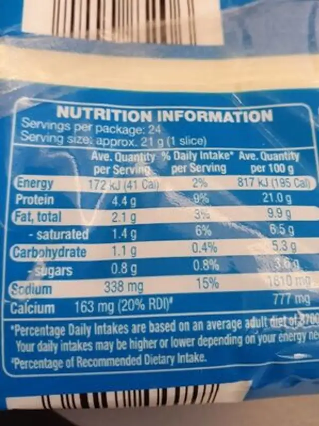 Light Slice cheese nutrition facts table