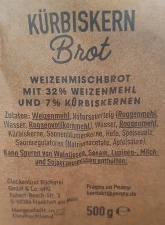 Bäckerkrönung Weizenmischbrot mit Kürbiskernen ingredients label
