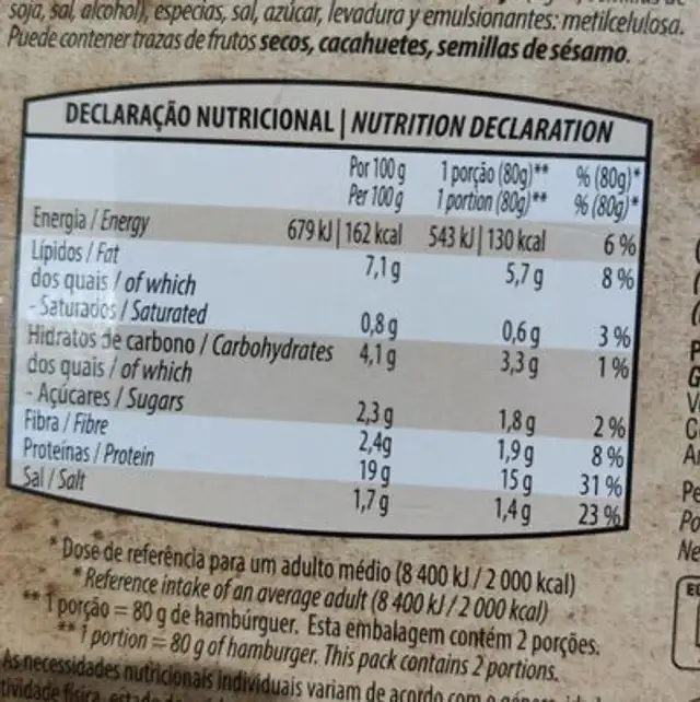 Hambúrguer vegan Cogumelos nutrition facts table