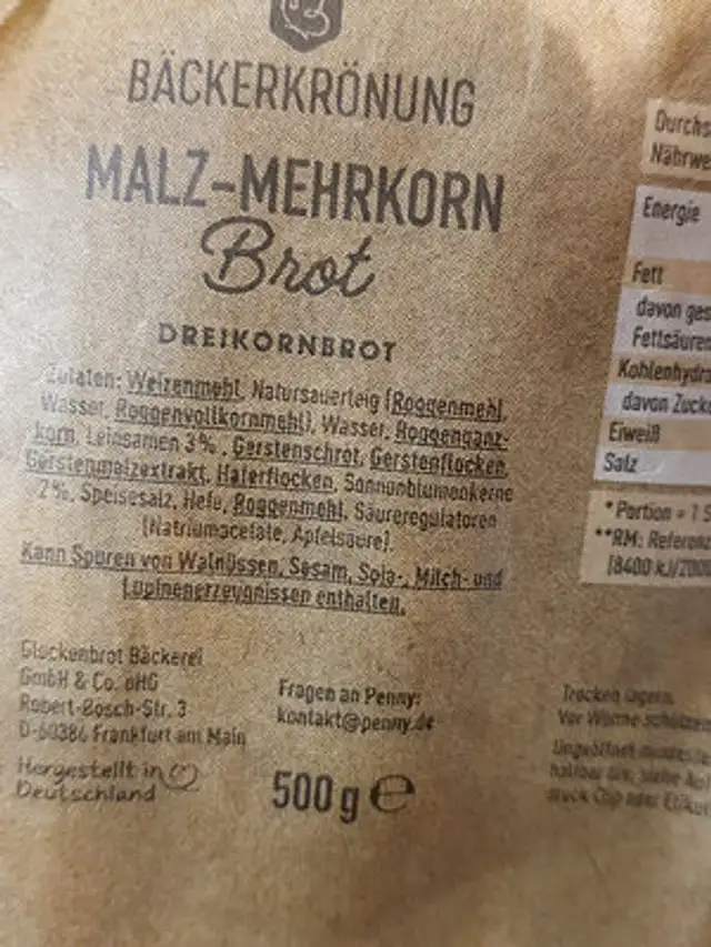 Malz-mehrkorn brot ingredients label