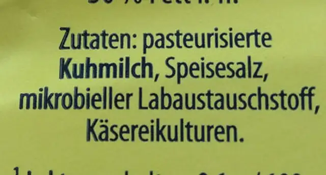 Französische Schnittkäsezubereitung mit Kürbiskernen ingredients label