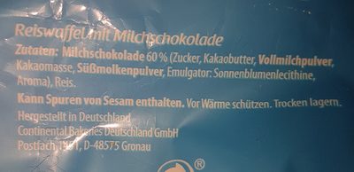 Reiswaffeln Milchschokolade ingredients label