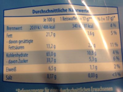 Reiswaffeln Milchschokolade nutrition facts table