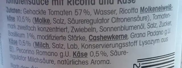 Ricotta Sauce ingredients label