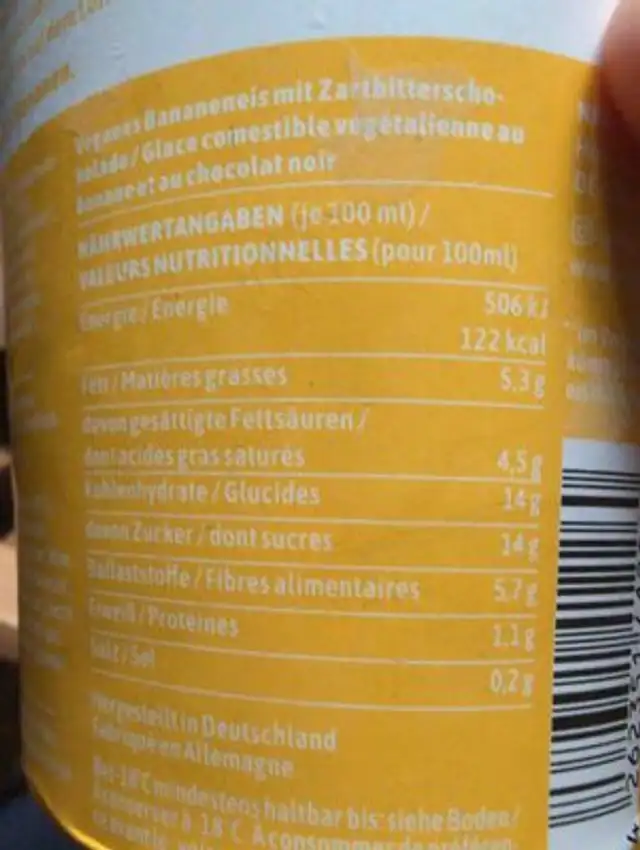 Banane Schokolade nutrition facts table
