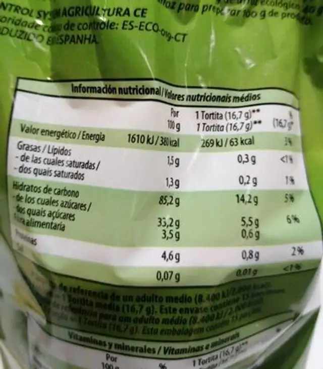 Tortitas de arroz con manzana nutrition facts table