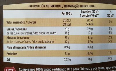 Chocolate para repostería nutrition facts table