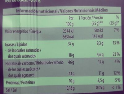 Chocolate sin lactosa con avellanas nutrition facts table
