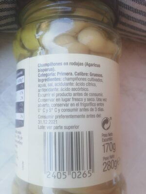 Champiñones laminados ingredients label