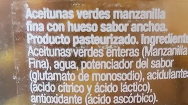 Aceitunas Manzanilla Sabor Anchoa ingredients label