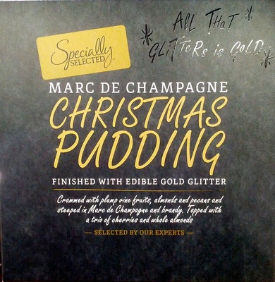 Marc de champagne christmas pudding finished with edible gold glitter front packaging