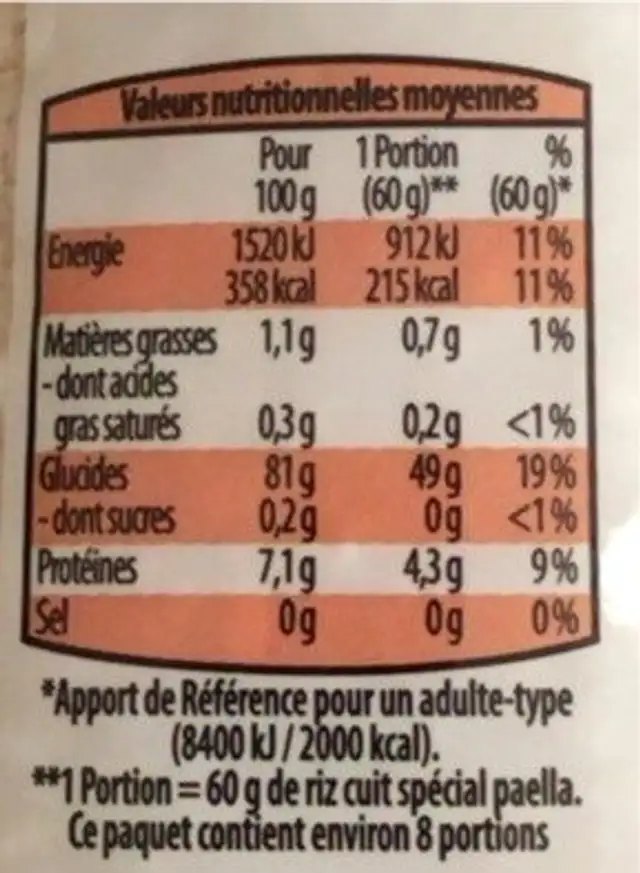 Riz special Paella nutrition facts table