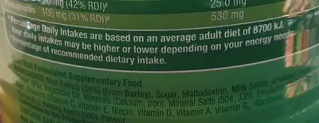 Energy food drink ingredients label