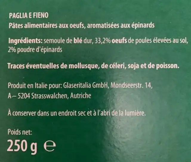 Paglia e Fieno ingredients label