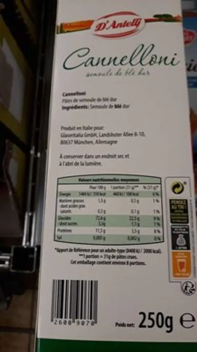 Cannelloni ingredients label