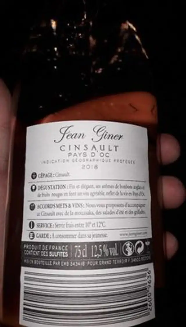 Cinsault Pays d'OC ingredients label