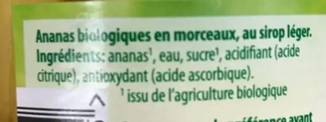 Ananas en morceaux au sirop léger ingredients label