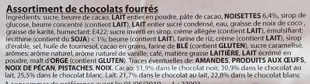 Assortiment de chocolats fourrés ingredients label