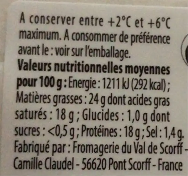 Brique au lait de vache pasteurisé nutrition facts table