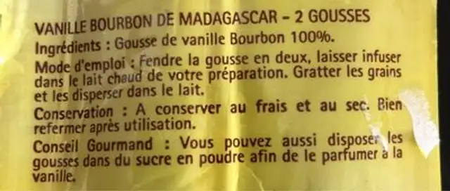 Gousse Vanille ingredients label
