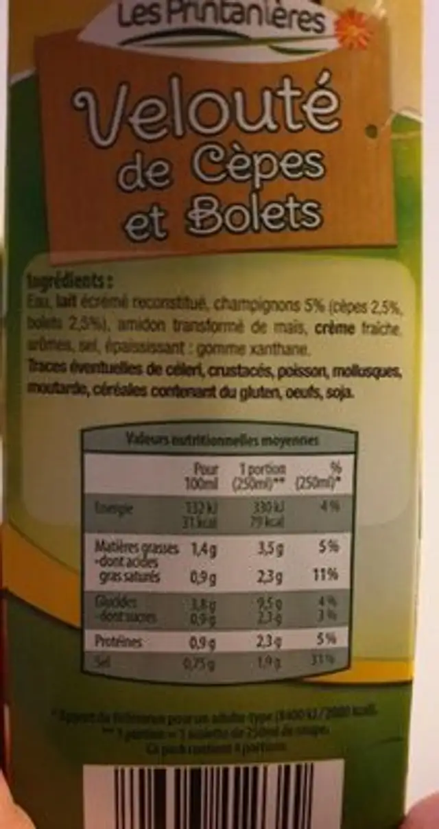 Velouté de cèpes et bolets ingredients label