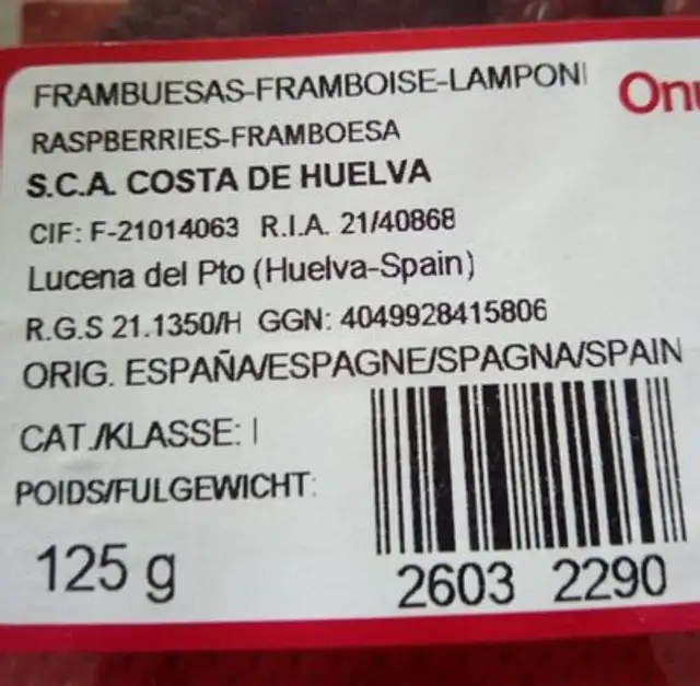 Framboise onuba fruit ingredients label