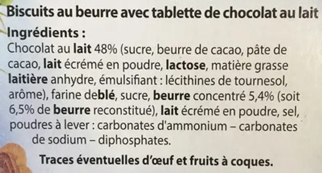 Pocket Petit beurre tablette chocolat au lait ingredients label