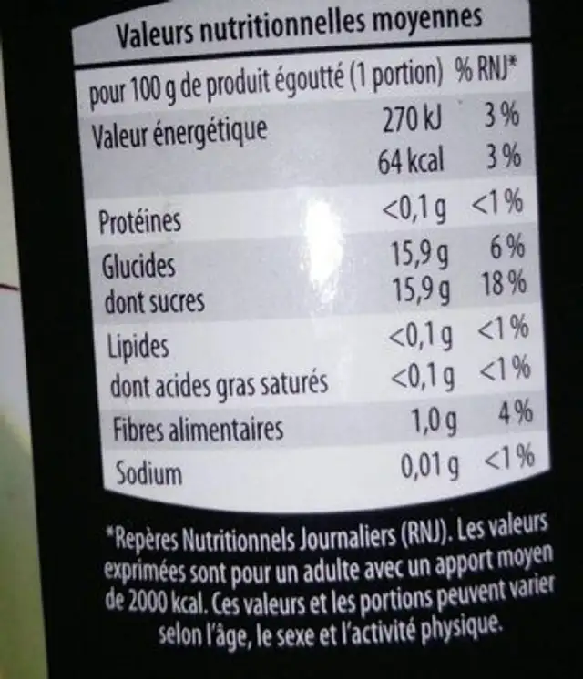 Mélange de fruits tropicaux nutrition facts table