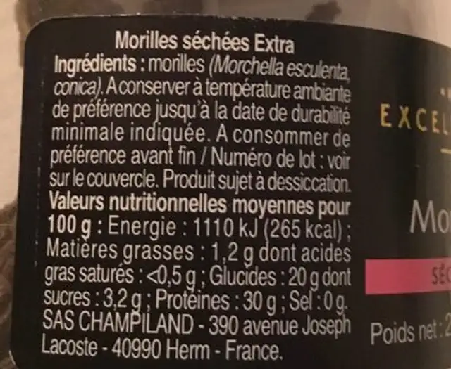 Morilles sechees ingredients label