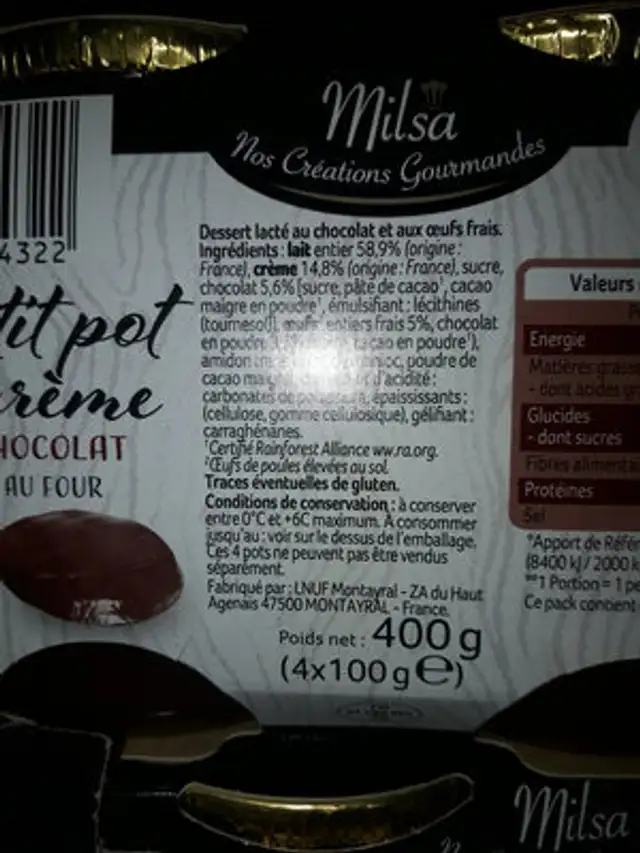 Petits pots de crème ingredients label