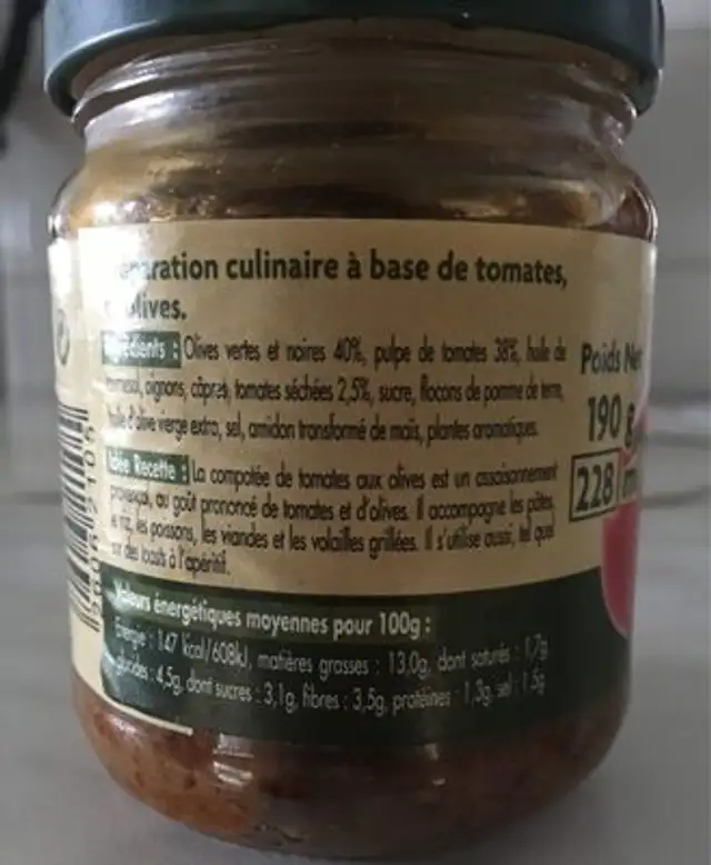 Compotée de Tomates aux Olives ingredients label