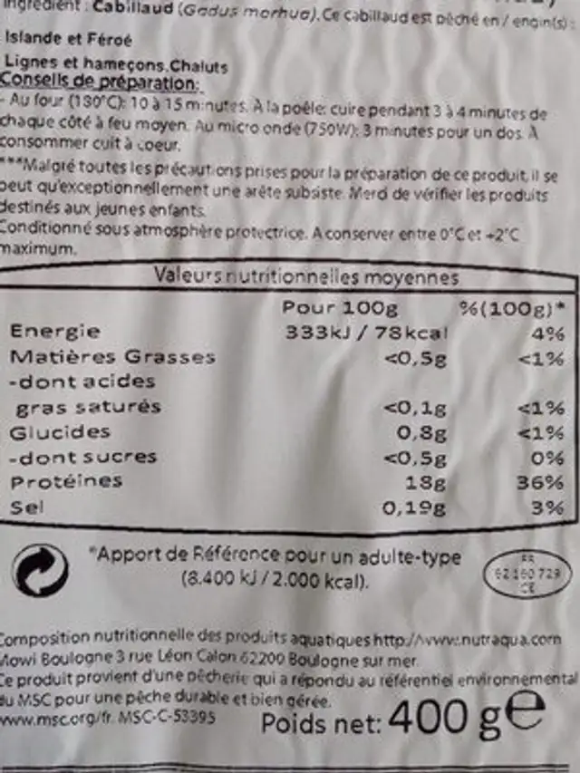Dos cabillaud nutrition facts table