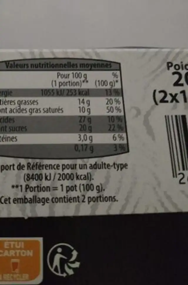 Panna cotta milsa mangue- passion nutrition facts table