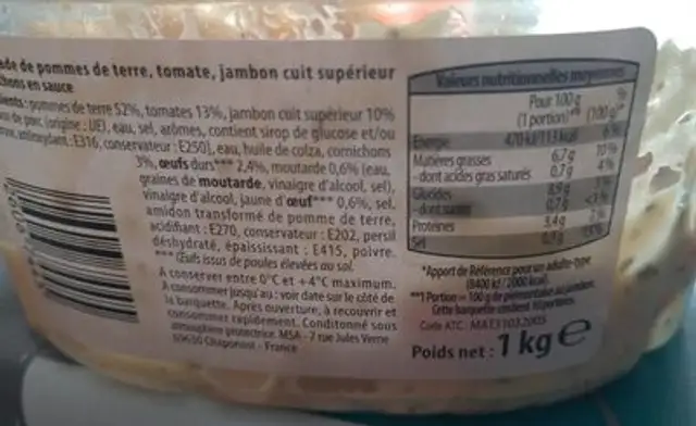 Piémontaise au jambon nutrition facts table